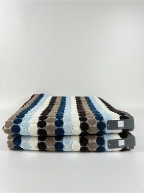 Soho Living Bath Towel Dots and Stripes Brown Blue White Soft Cotton 2 Pc NEW